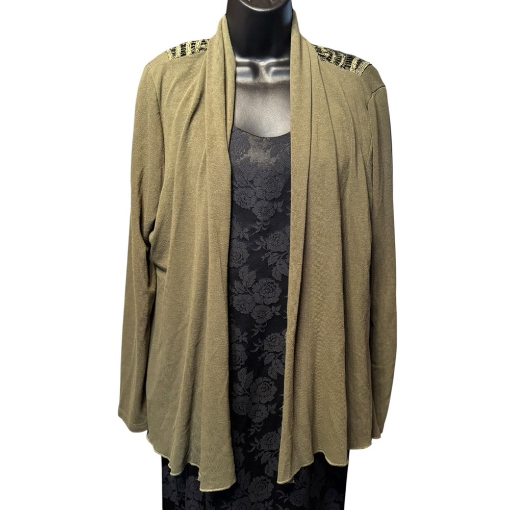 One World Olive Green Boho Lace Back Cardigan Top Womens 1X Stretch Layer